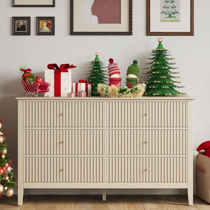 Beige 6 Drawer Dresser, Fluted Modern Wood Dresser Olive & Sage Co Beige 6 Drawer Dresser, Fluted Modern Wood Dresser Olive & Sage Co