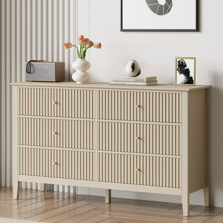 Beige 6 Drawer Dresser, Fluted Modern Wood Dresser Olive & Sage Co Beige 6 Drawer Dresser, Fluted Modern Wood Dresser Olive & Sage Co