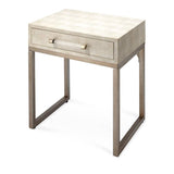 Cream Leather Mid Century Modern Side Table with Drawer