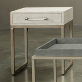 Cream Leather Mid Century Modern Side Table with Drawer